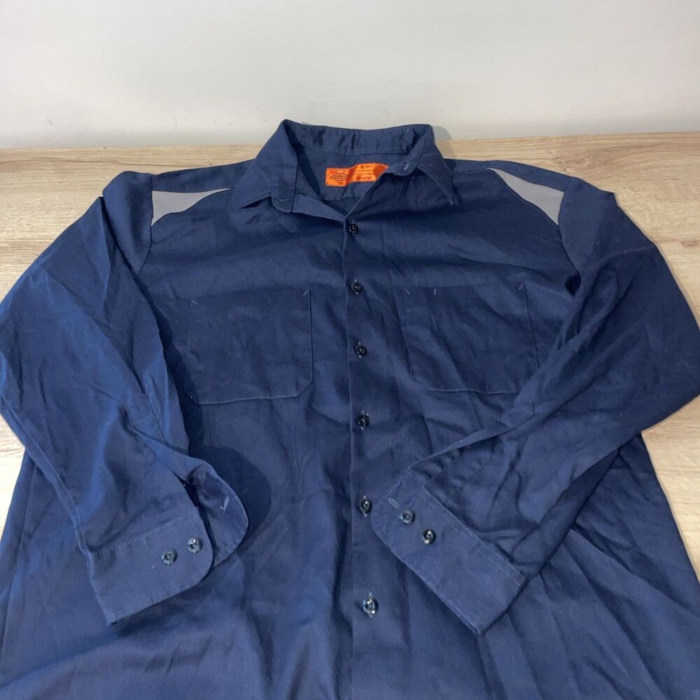 Dickies Work Shirt Mens Large L Navy Blue Button Down Long Sleeve